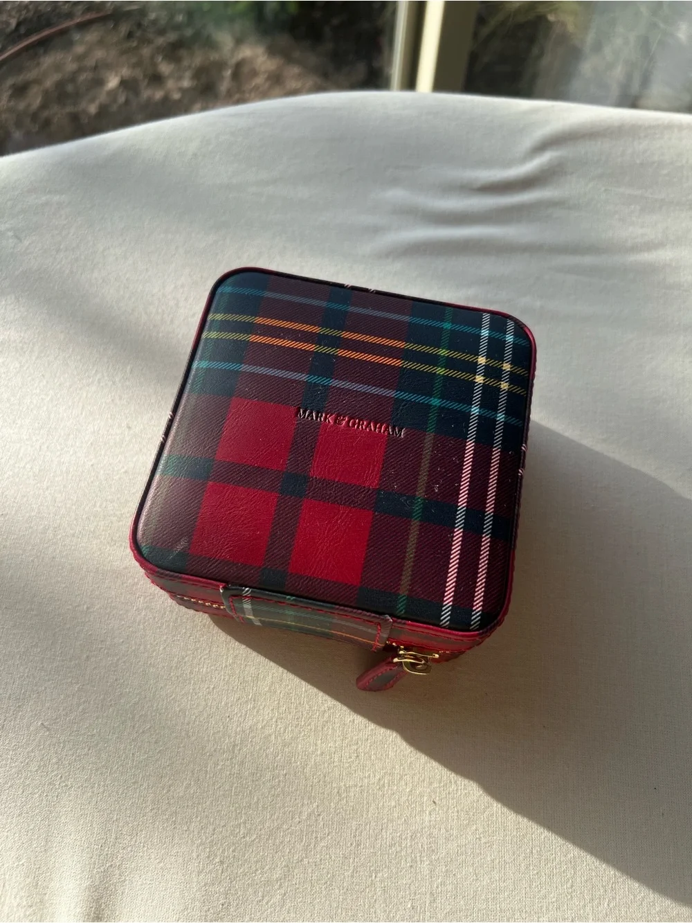 Mark & Graham Plaid Travel Jewelry Case Zip-Around w/ Mirror Faux Leather